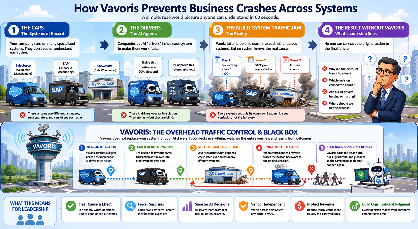 How Vavoris Prevents Business Crashes Across Systems — traffic control metaphor showing AI agents inside siloed systems and Vavoris as the overhead control layer connecting decisions to outcomes
